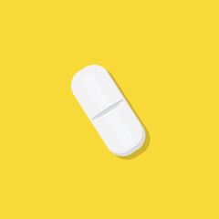 White medical pill isolated on yellow background. Vector illustration in flat style. Medical and healthcare concept