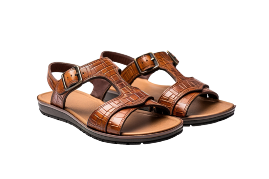 Stylish Brown Sandals With Crocodile Texture Perfect for Summer Outings and Casual Wear on Transparent PNG Background.