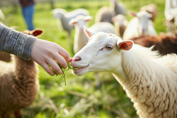 Obraz premium Human feeding a cute goat. Generative AI