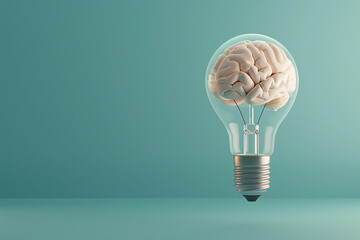 An elegant 3D render of a light bulb with a brain suspended in mid-air inside, on a pastel teal background, symbolizing floating ideas