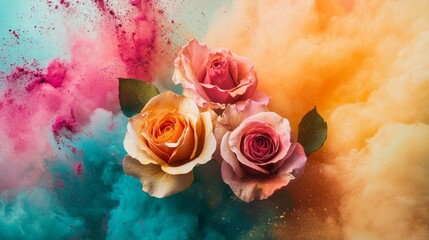 Three roses with colorful smoke background