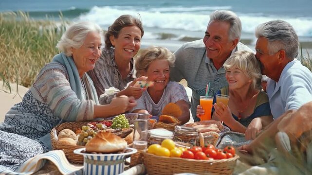 A three-generation family enjoying a beach picnic