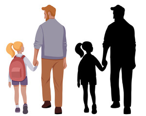 Back to school. Set of vector flat illustration and black silhouette of father and little daughter walking to school. Family and parental support