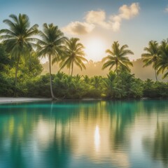 Tropical beach scene at sunrise/sunset with calm waters reflecting vibrant sky colors.