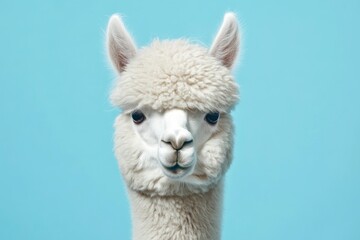 Funny white alpaca on blue background, ai