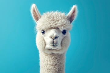 Obraz premium Funny white alpaca on blue background, ai