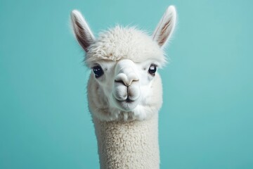 Obraz premium Funny white alpaca on blue background, ai