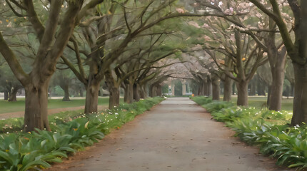 Fototapeta premium a path that has many trees on both sides of it