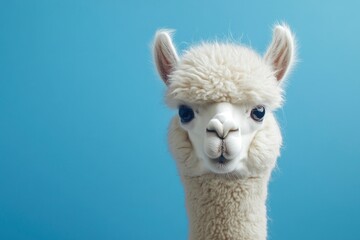 Fototapeta premium Funny white alpaca on blue background, ai