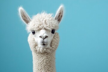 Fototapeta premium Funny white alpaca on blue background, ai