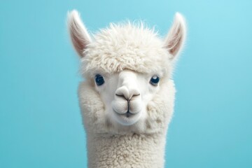 Obraz premium Funny white alpaca on blue background, ai