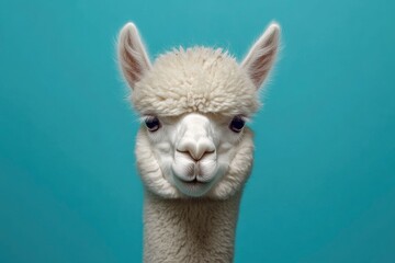 Obraz premium Funny white alpaca on blue background, ai