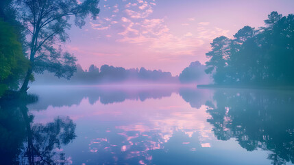 Peaceful Lakeside Dawn with Misty Reflection and Serene Atmosphere