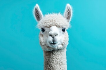Obraz premium Funny white alpaca on blue background, ai