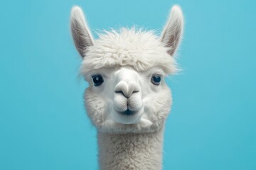 Fototapeta premium Funny white alpaca on blue background, ai