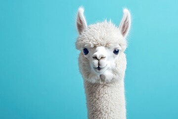 Funny white alpaca on blue background, ai