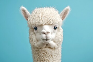 Obraz premium Funny white alpaca on blue background, ai