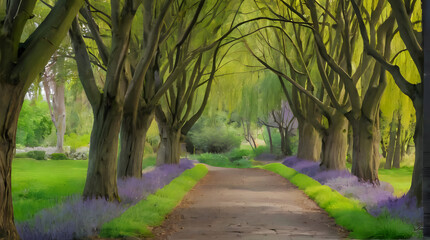 painting of a path through a forest with purple flowers and trees