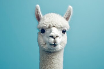Obraz premium Funny white alpaca on blue background, ai