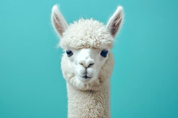 Obraz premium Funny white alpaca on blue background, ai