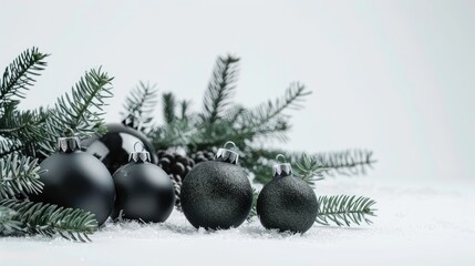 Winter holiday setup with evergreens and dark ornaments on white backdrop. Holiday concept, new year theme. Front view, blank space