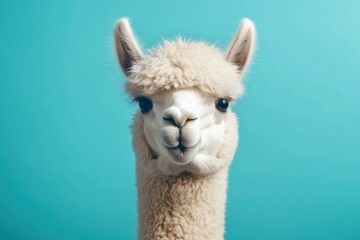 Obraz premium Funny white alpaca on blue background, ai