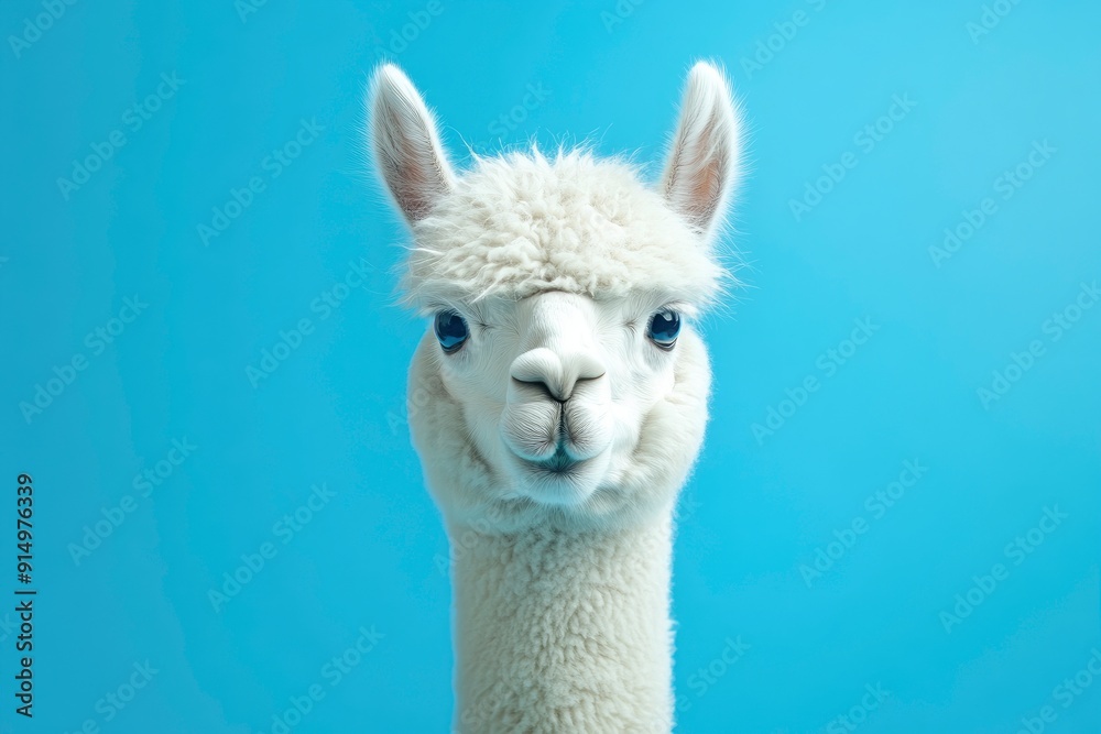 Wall mural funny white alpaca on blue background, ai