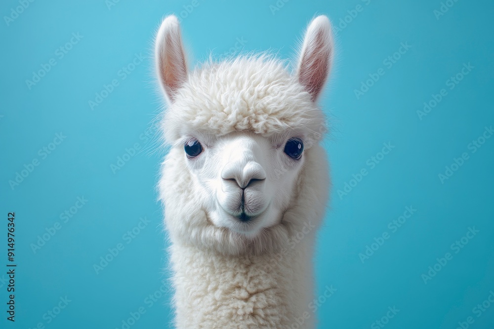 Wall mural funny white alpaca on blue background, ai