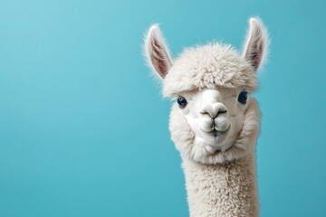 Obraz premium Funny white alpaca on blue background, ai