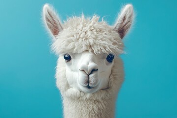 Funny white alpaca on blue background, ai