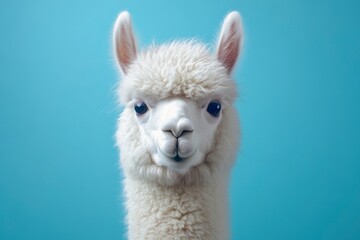 Fototapeta premium Funny white alpaca on blue background, ai