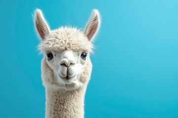 Obraz premium Funny white alpaca on blue background, ai