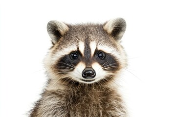 Obraz premium Portrait of a cute funny raccoon, closeup, isolated on a white background , ai