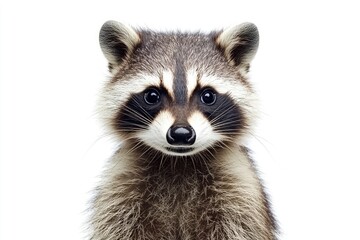 Naklejka premium Portrait of a cute funny raccoon, closeup, isolated on a white background , ai