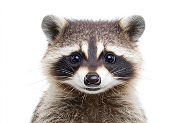Portrait of a cute funny raccoon, closeup, isolated on a white background , ai
