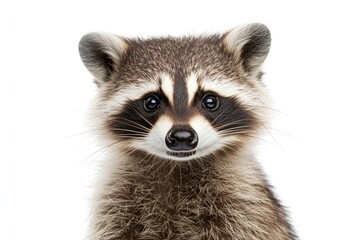 Naklejka premium Portrait of a cute funny raccoon, closeup, isolated on a white background , ai