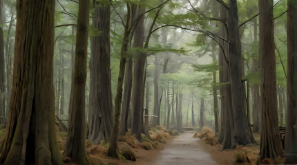 Obraz premium a path through a forest with trees and rocks