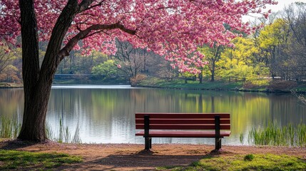Obraz premium A quiet park with blooming cherry blossoms, a wooden bench, and a pond