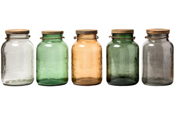 Variety Of Glass Jars With Natural Wooden Lids Displayed On A Light Surface on Transparent PNG Background.