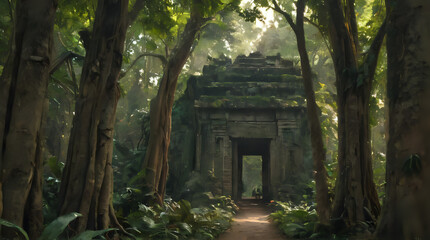 a path through a forest with a stone structure