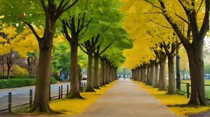Naklejka premium trees lining a sidewalk with yellow leaves on the ground