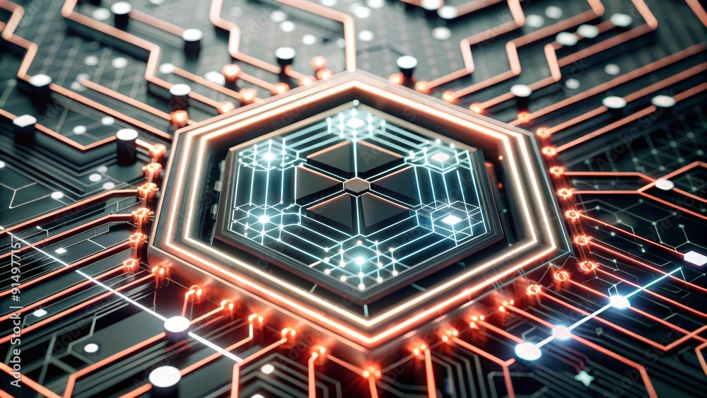 Poster futuristic blue digital circuit with hexagonal pattern and glowing nodes