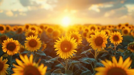 Obraz premium Golden Sunset Over a Sunflower Field