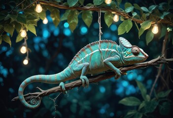 A chameleon hanging from a leafy vine in an enchanted forest, illuminated by soft, glowing fairy lights, showcasing its iridescent scales shifting from blue to green., high , ai