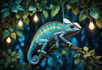 A chameleon hanging from a leafy vine in an enchanted forest, illuminated by soft, glowing fairy lights, showcasing its iridescent scales shifting from blue to green., high , ai