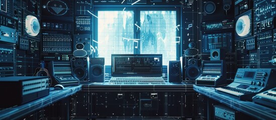 Fototapeta premium Modern Music Studio with Blue Lighting and Technology