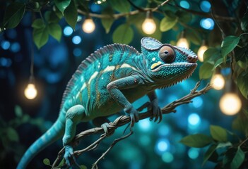 A chameleon hanging from a leafy vine in an enchanted forest, illuminated by soft, glowing fairy lights, showcasing its iridescent scales shifting from blue to green., high , ai