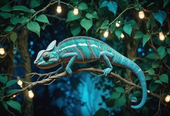 A chameleon hanging from a leafy vine in an enchanted forest, illuminated by soft, glowing fairy lights, showcasing its iridescent scales shifting from blue to green., high , ai