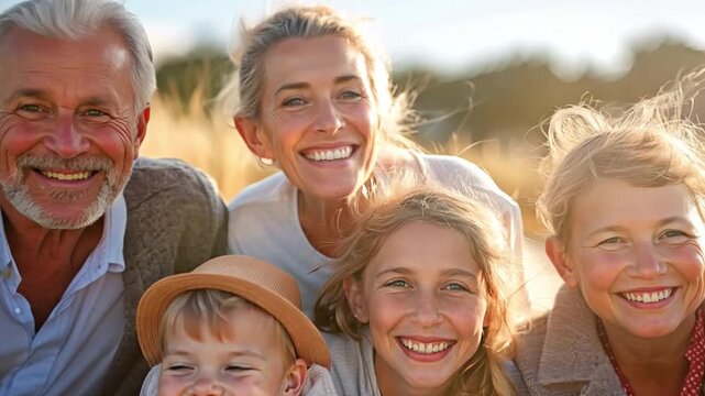 A three-generation family enjoying a beach picnic