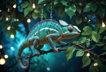 A chameleon hanging from a leafy vine in an enchanted forest, illuminated by soft, glowing fairy lights, showcasing its iridescent scales shifting from blue to green., high , ai